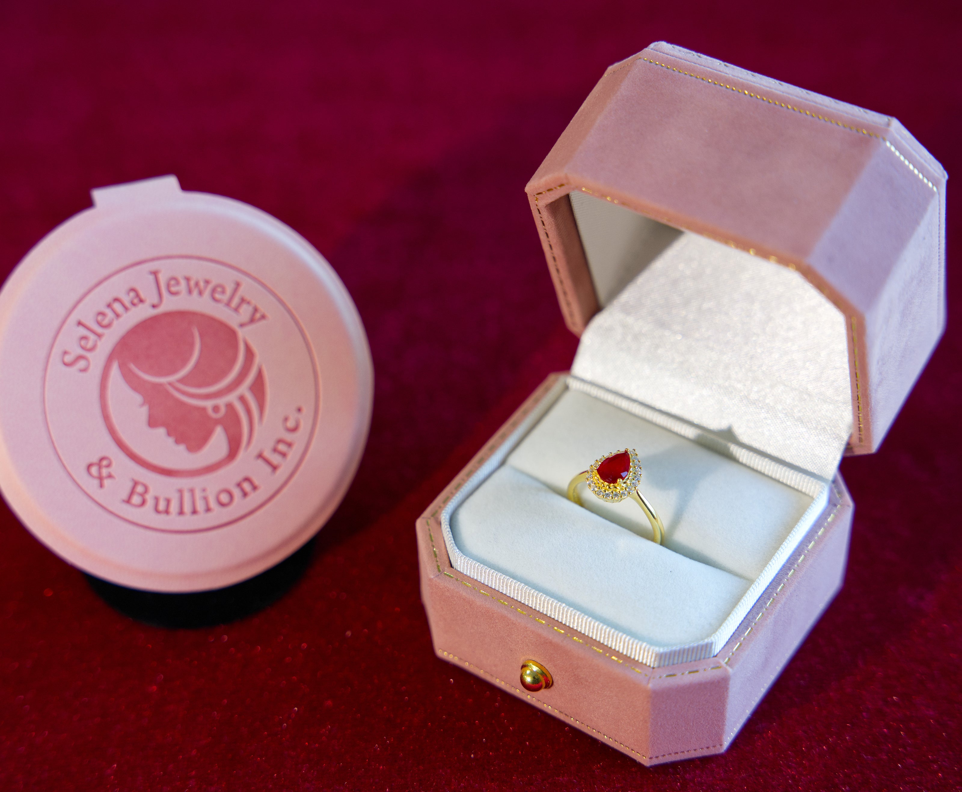 Selena Jewelry Bullion - Hofburg Ruby Tone Pear Cut Halo Ring
